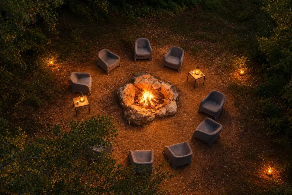 Seats drawn into a ring around a lit fire, seen from above at dusk