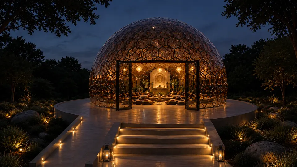 The dome lit from within at night, its doors open to the path