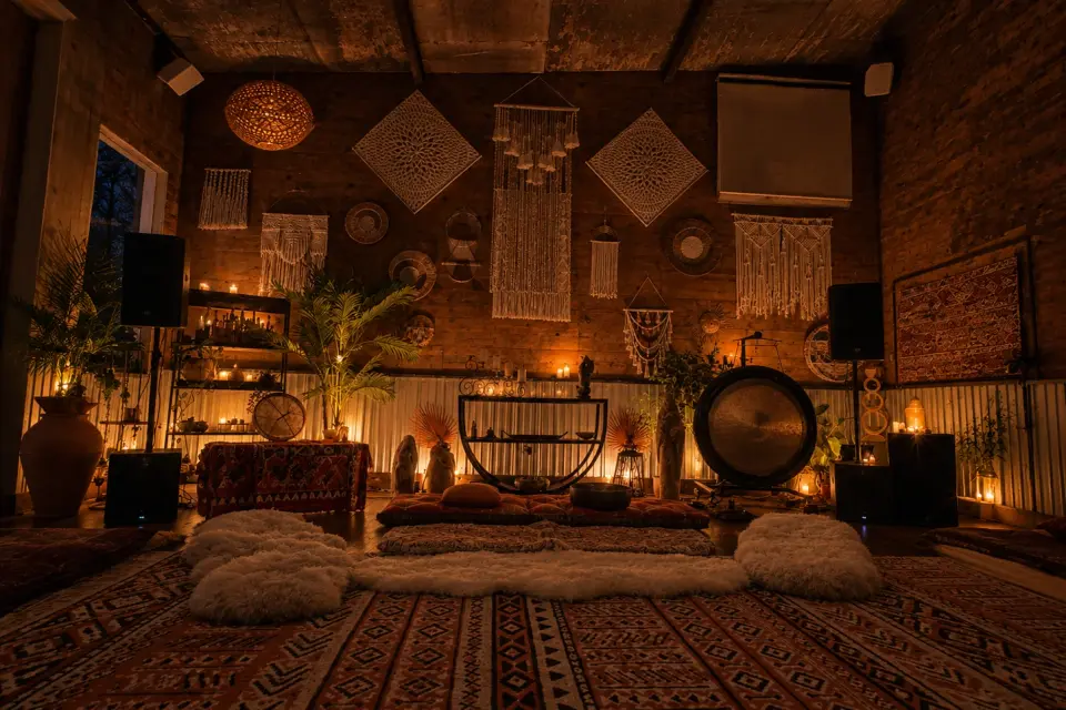 Drums, bowls and a gong at rest in a candlelit room