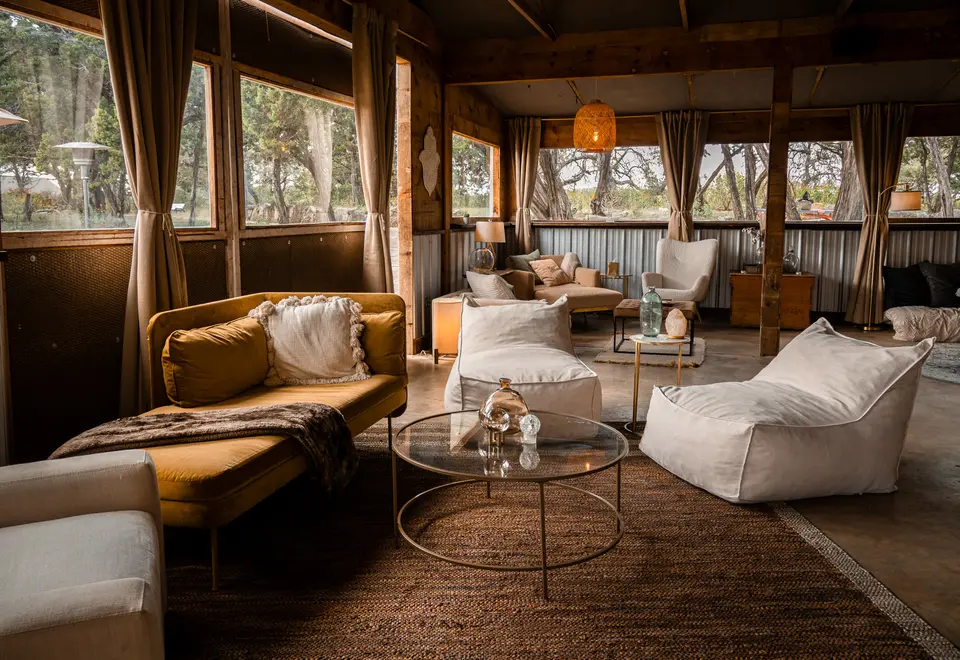 A sunlit room looking out through wide windows into the oaks